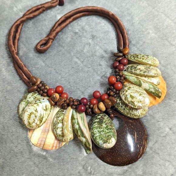 Vintage Artisan Made Natural Shells and Seeds Necklaces on a Satin Cord - Picture 3 of 14